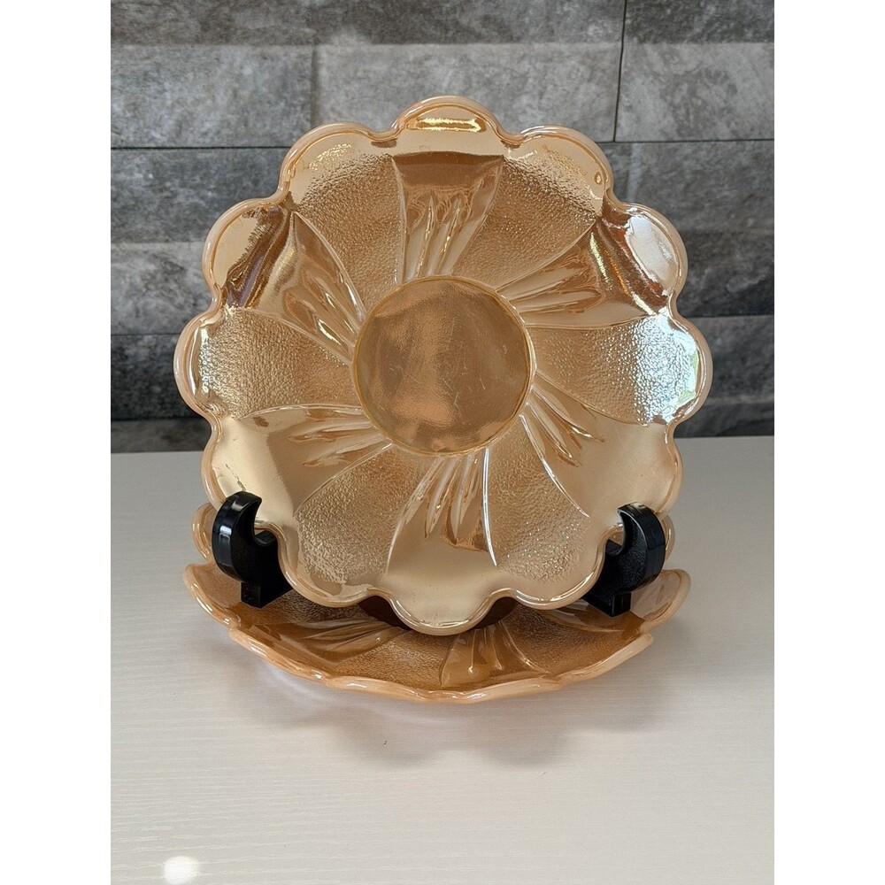 2 Vintage Fire King Peach Luster Petal Edge Dessert Plates 1950s Marigold Flower